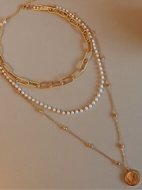 Gold Layered Chain Pearl Coin Pendant Necklace Set